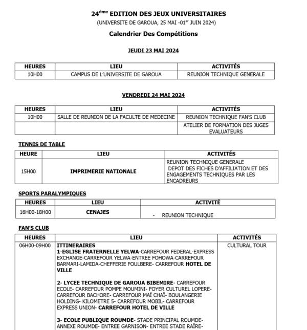 Calendrier des compétitions de la 24ème édition des jeux universitaires Garoua 2024