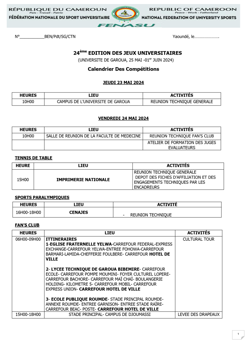 Calendrier des compétitions de la 24ème édition des jeux universitaires Garoua 2024