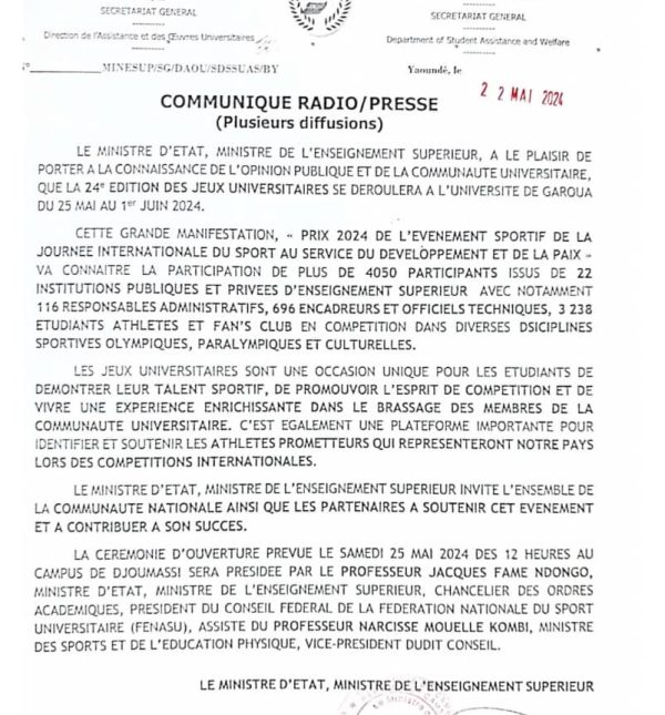 Tenue effective de la 24e edition des jeux universitaires a l’Université de Garoua du 25 mai au 01 juin 2024