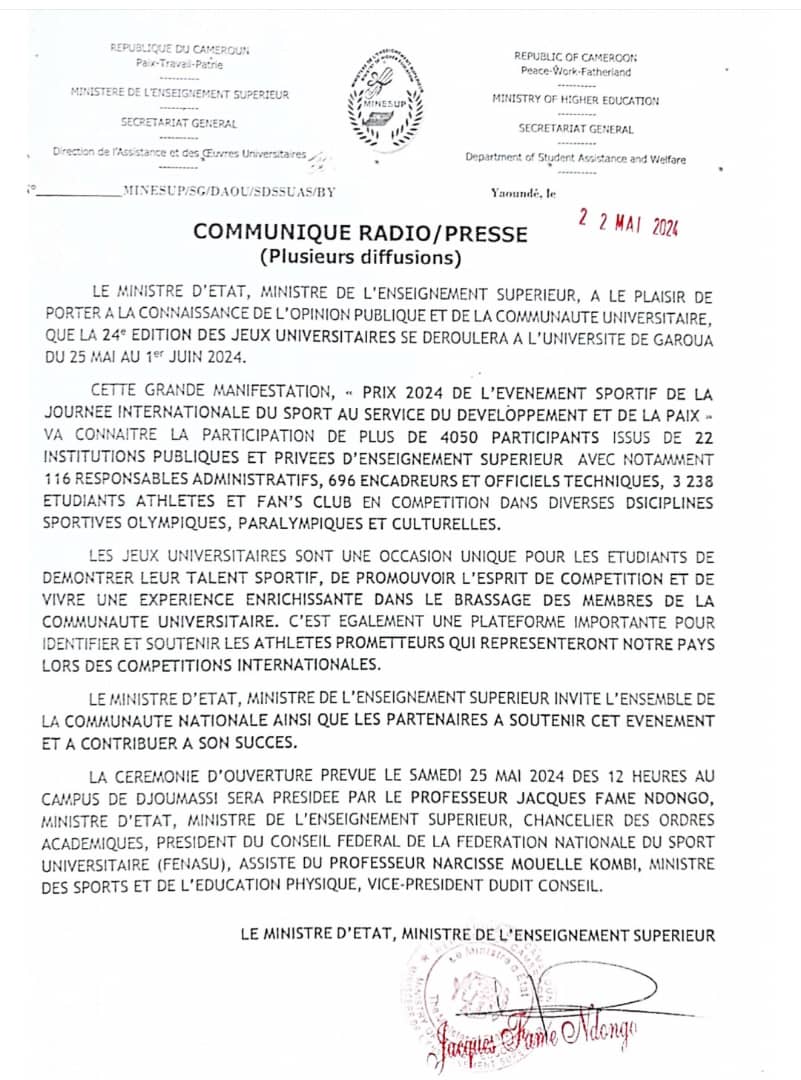 Tenue effective de la 24e edition des jeux universitaires a l’Université de Garoua du 25 mai au 01 juin 2024